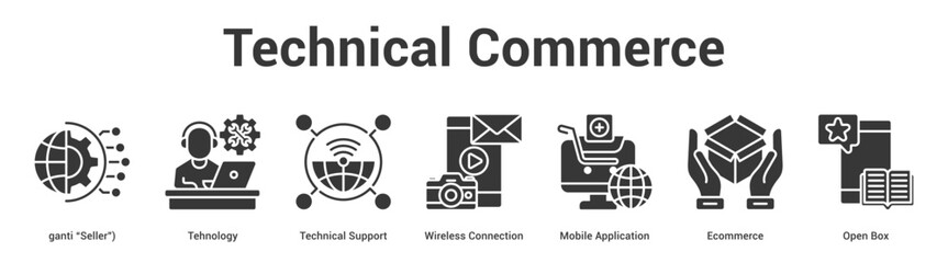 Naklejka premium Technical Commerce web banner icon set vector illustration concept for business with icon of Tehnology, Technical Support, Wireless Connection, Mobile Application, Ecommerce, O.