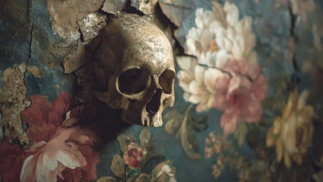 Skull emerging from decaying floral wallpaper - Memento Mori concept


