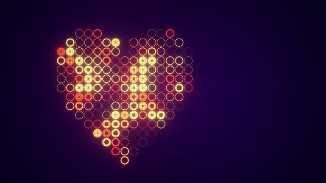 Glowing heart shape made of flashing rings on a dark background, perfect for valentine's day. Seamless loop.
