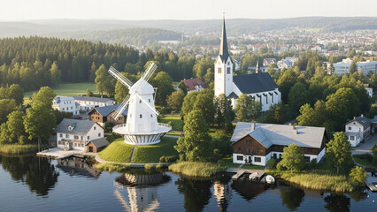 Aerial view of a serene village with a windmill and church by a calm lake surrounded by lush greenery and buildings