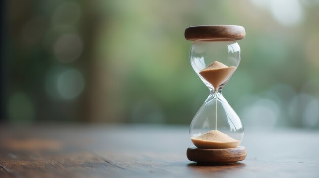 A sandglass, modern hourglass or egg timer showing the last second or last minute or time out. With copy space.  
