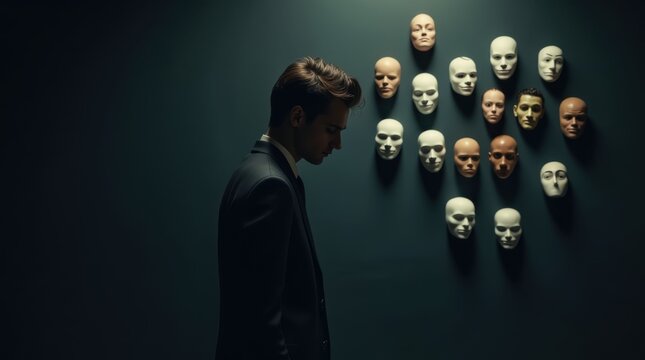Fake emotion, play a role concept. Character holds masks our face with different emotions. Choice of moods, hiding behind a false mask. Defense and playing to the audience.  Psychology