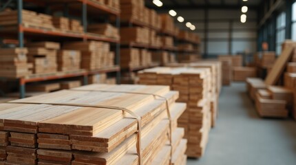 Obraz premium Packaged boards of fine wood species in the finished goods warehouse of a wood manufacturing plant, packaged and ready for shipment 