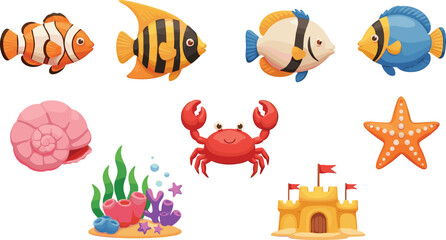 Beach and sea animal cartoon set. Colorful tropical fish crab coral starfish and sandcastle. Flat ocean illustrations for kids design, stickers, posters, and summer themes. © HazelQueen