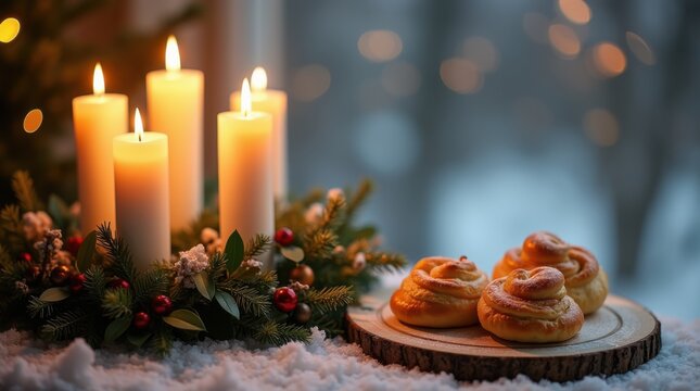 Saint Lucy's joyous tradition features brilliant lit candles on a green winter wreath, delicious golden saffron buns, and a peaceful snowy outdoor vista, December celebration.