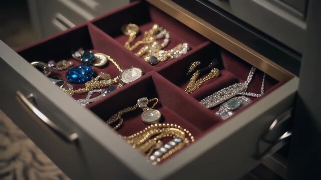 A drawer revealing an open velvet-lined jewelry box filled with gold chains and assorted gemstones.