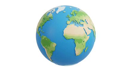 Fototapeta premium Stylized 3D Earth Globe with Detailed Continents and Oceans, Representing Global Connection and Ecology, isolated on transparent background for Modern Design Projects.