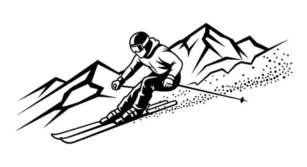 Dynamic male skier skiing downhill through a snowy mountain landscape, engaging in an adventurous winter sport.