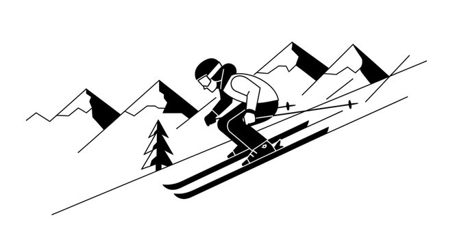 Person skiing rapidly downhill in a rugged mountain environment with evergreen trees, an exhilarating winter sports scene.
