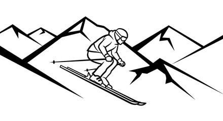 Aggressive Skier in Motion Descending Steep Mountains, Capturing the Adrenaline of Extreme Winter Sports, Black and White © Slamet
