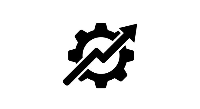 Solid gear icon with an upward trending line graph symbolizing business growth and performance optimization on isolated white background
