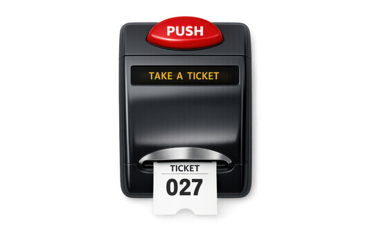 Modern ticket dispenser machine with a red push button and printed ticket number 027