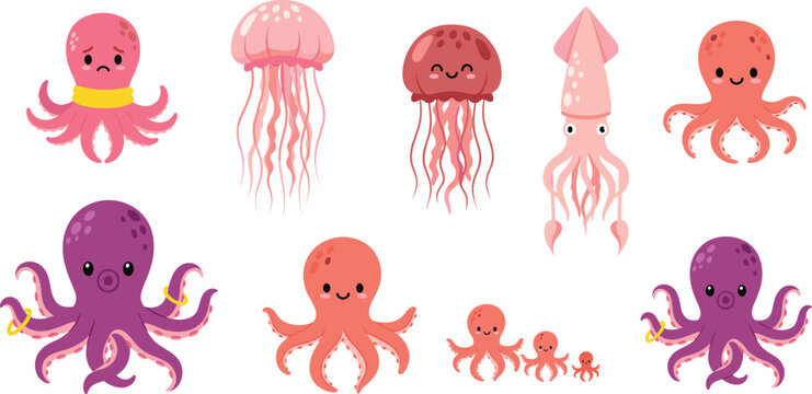 Octopus jellyfish squid cartoon set. Cute colorful sea animals with happy faces. Kawaii flat marine character illustrations for kids, stickers, games, and education.