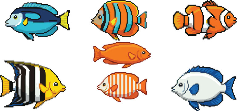 Pixel art tropical fish set. Colorful retro ocean fish in 8 bit style. Marine aquarium pixel characters for games, apps, stickers, and digital design.
