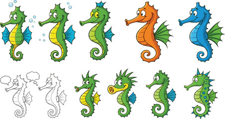 Seahorse cartoon character set. Cute colorful sea horses with different poses and expressions. Flat marine seahorse illustrations for kids design, stickers, games, and education. © HazelQueen