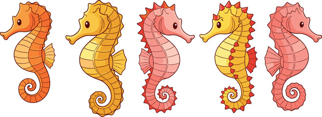 Seahorse cartoon illustration set. Cute sea horses in orange yellow and pink colors. Flat marine seahorse vectors for kids design, stickers, posters, and ocean themes. © HazelQueen