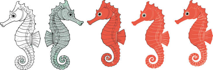 Obraz premium Seahorse illustration style set. Outline textured and flat color sea horses. Marine seahorse vector designs for ocean themes, education, logos, and creative projects.
