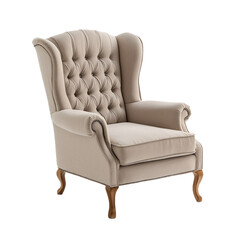 A beige upholstered wingback chair with wooden legs and nailhead trim, isolated on a white background.