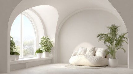 Minimalist interior design with arched window plants and seating