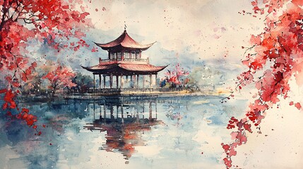 Ink wash Chinese style red pavilion