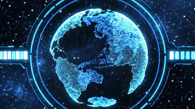 Abstract globe hologram with sci fi hud interface and starry background