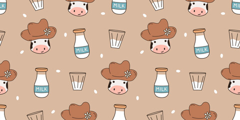 cute hand drawn cartoon character with funny cow with hat, milk bottle and glass horizontal seamless vector pattern background illustration