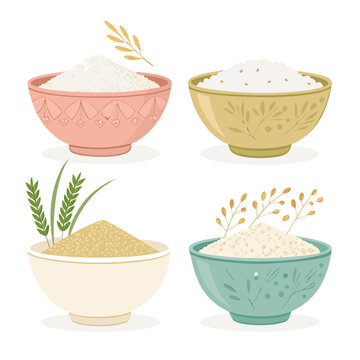 Collection of various grain and rice bowls in a flat design illustration set viewed from above