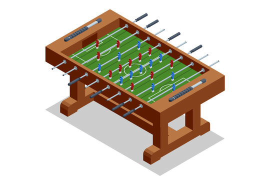 Isometric classic wooden foosball table. Detailed table soccer with red and blue players on a green pitch isolated on white. Table sport equipment for entertainment, bar game and leisure activity