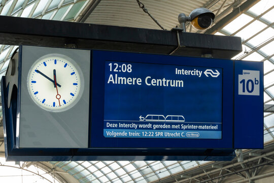 January 23, 2026, Amsterdam, Netherlands - Train station departure board showing "Almere Centrum" destination and "Intercity" service on track 10b.