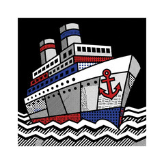 Vintage Ship Illustration: A stylized representation of a grand cruise ship sailing the open waters. This illustration is a classic representation of travel.