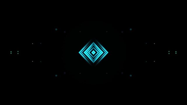 blue diamond logo with glowing effect and futuristic design on dark background with sparkling dots animation sequence