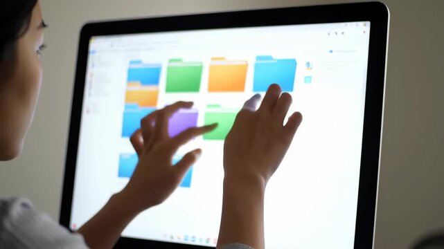 Person interacting with brightly colored digital file icons on a computer monitor