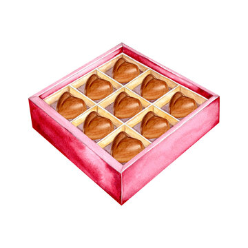 watercolor burgundy box of heart shaped chocolates, open sguare gift box with sweets isolated