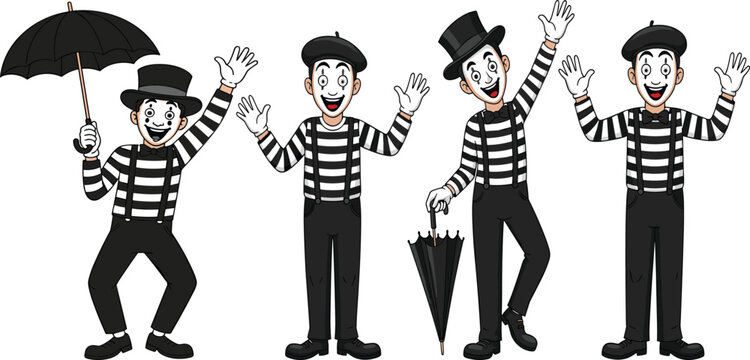 Cartoon illustration of four expressive mime performers in classic outfits and varied poses. Ideal for theatrical, artistic, or character-based educational and creative projects.