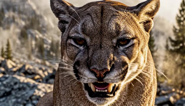 Close-up portrait of an adult cougar (puma) looking at camera, wildlife predator face detail