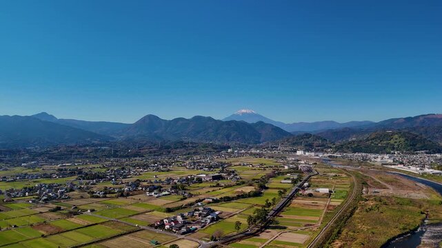 Cinematic drone shot of Mt. Fuji with golden rice fields 