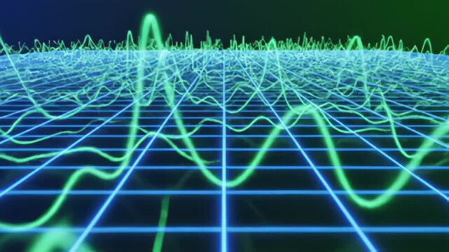 Abstract green frequency grid lines on blue gradient background animation