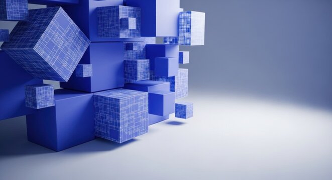 Blue cubes and blocks on a white background.