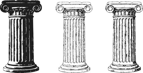 Naklejka premium Three classical greek ionic columns in black and white vintage engraving isolated on white background