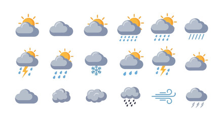 Fototapeta premium Weather Icons Collection: Sun, Rain, Snow, Clouds, Wind