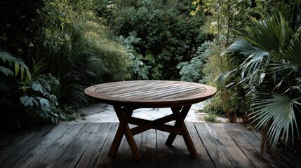 Obraz premium Cozy Round Wooden Table Surrounded by Lush Greenery in Garden