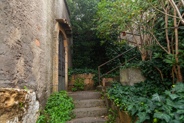 Naklejka premium Stone steps leading to a rustic entrance surrounded by lush greenery in Enna, Sicily, Italy, showcasing a blend of natural and architectural elements