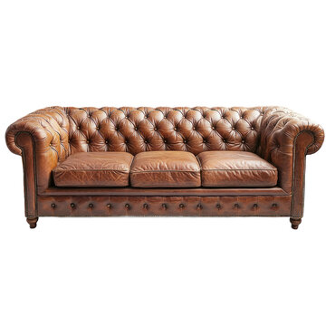 A brown leather Chesterfield sofa with a button tufted back and seat, featuring rolled arms and nailhead trim.