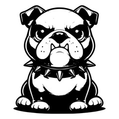 Grumpy Bulldog Illustration: A detailed illustration of a bulldog sits with an intimidating and aggressive expression, accentuated by a spiked collar, showcasing the dog's tough demeanor