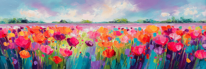 Naklejka premium Colorful flowers bloom in a field under a clear sky near sunset, Netherlands tulips season