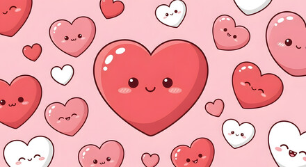 Cute Kawaii hearts pattern with funny smiling faces on pink background for kids Valentine's Day wallpaper and stickers.