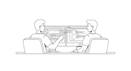 Two men sitting at desk working on computers in office setting with dual monitors