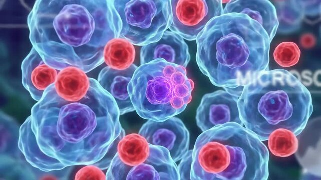 Animated Microscopic View of Blue Cells and Red Spheres Floating with Green Background Graphic Analysis