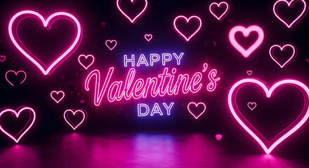 Happy Valentine's Day pink neon glowing heart shapes on dark background for romantic night party and creative disco celebration.
