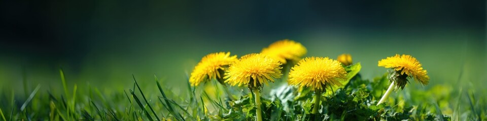 Naklejka premium Bright yellow dandelions in bloom on lush green grass